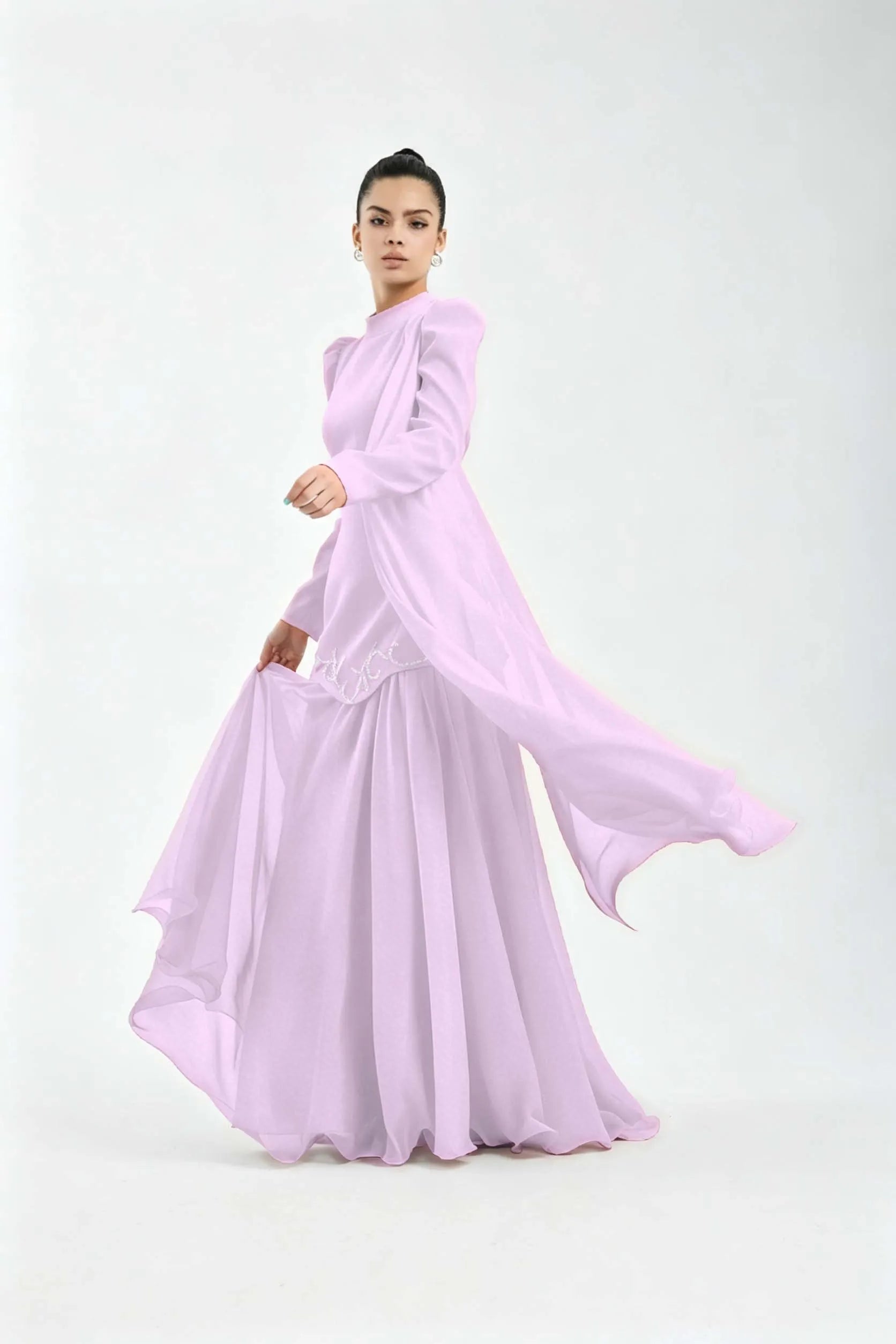 Cocoslly High Neck Long Sleeves High Waist Long Prom Dress With Rhinstone | Cabemet Chiffon LR0407