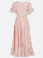 Pink Pleated Rhinestone Chiffon V Neck Short Sleeve Ruffle Sleeve A-Line Maxi Dress