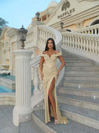 Sweetheart Off-The-Shoulder Sleeveless Long Mermaid Prom Dress With High Split And Sequins YK0714