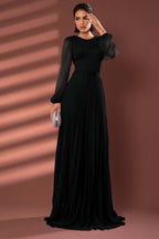 Chiffon Jewel Neck Long Sleeves Long Prom Dress With Pleated WQ0258