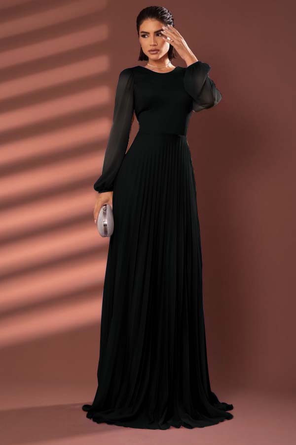 Chiffon Jewel Neck Long Sleeves Long Prom Dress With Pleated WQ0258