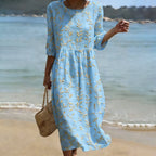 Vintage Floral Art Pattern Linen Blend Loose Three-quarter Sleeve Dress