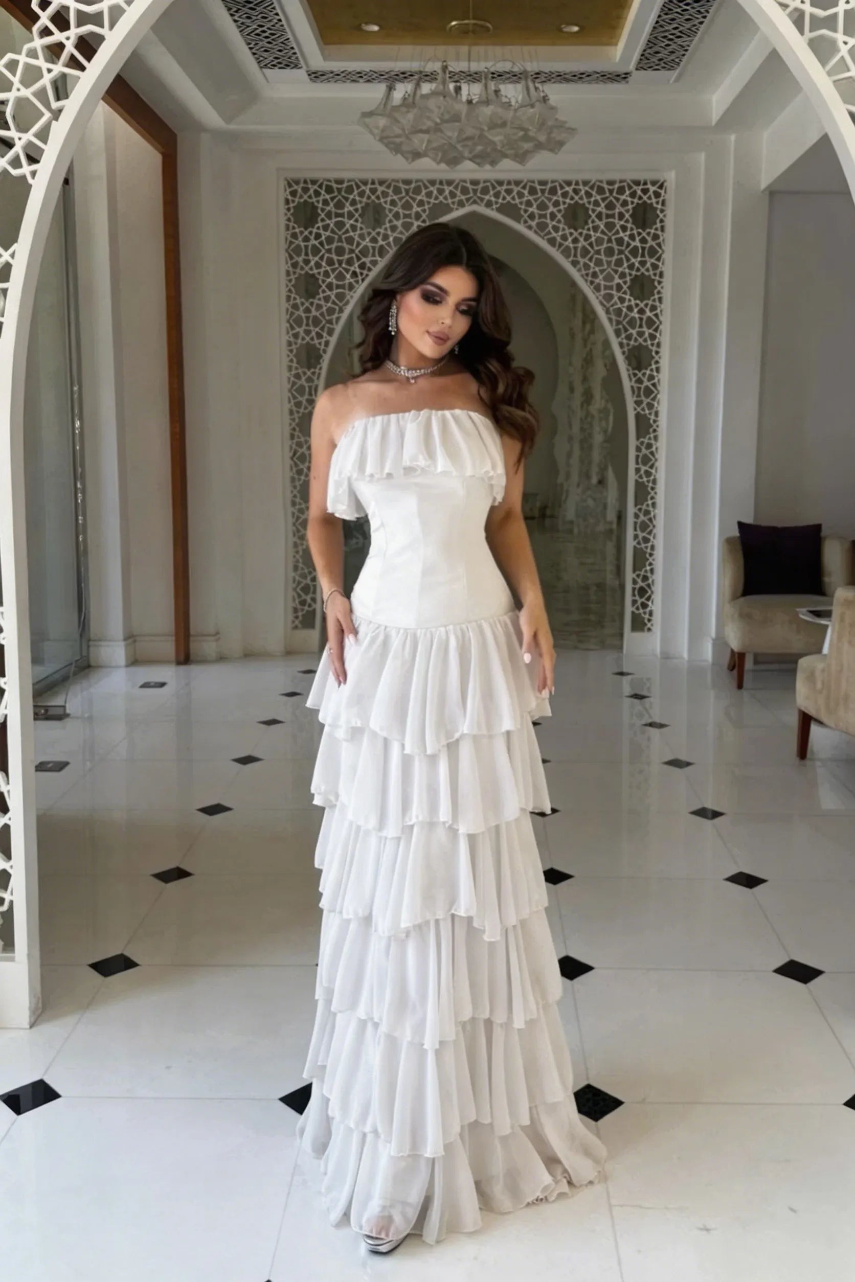 Cocoslly Strapless Sleeveless High Waist Long Prom Dress With Ruffles | Nude Champage Chiffon YC0565