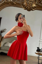 Cocoslly Strapless Sleeveless High Waist Short Prom Dress With Flower | Red Satin ZT0783