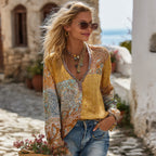 Women's Retro Paisley Floral Spliced V-neck Long Sleeve T-shirt