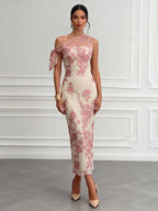 Pink Embroidery Bow Lace One Shoulder Sleeveless Sheath Maxi Dress