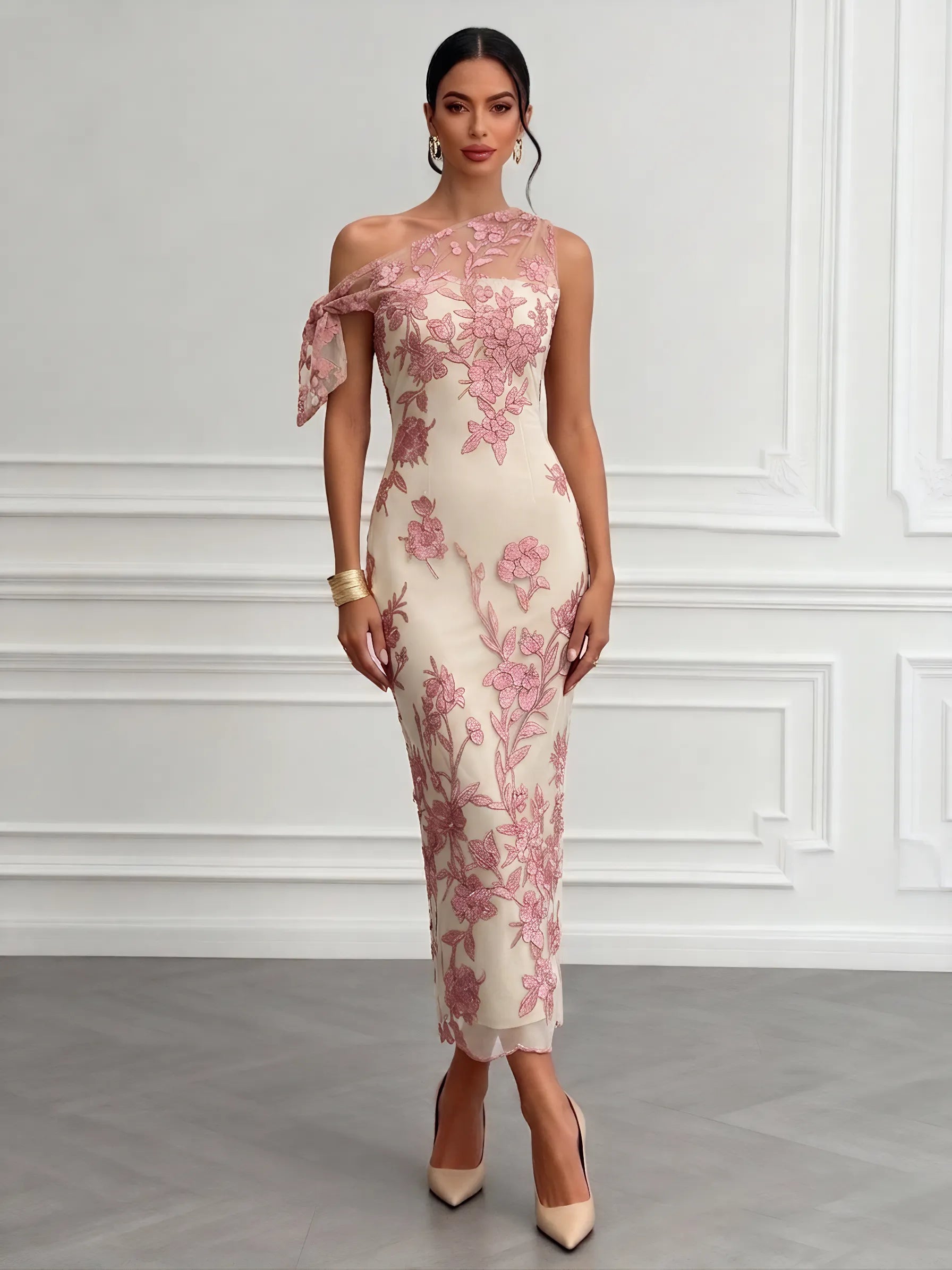 Pink Embroidery Bow Lace One Shoulder Sleeveless Sheath Maxi Dress