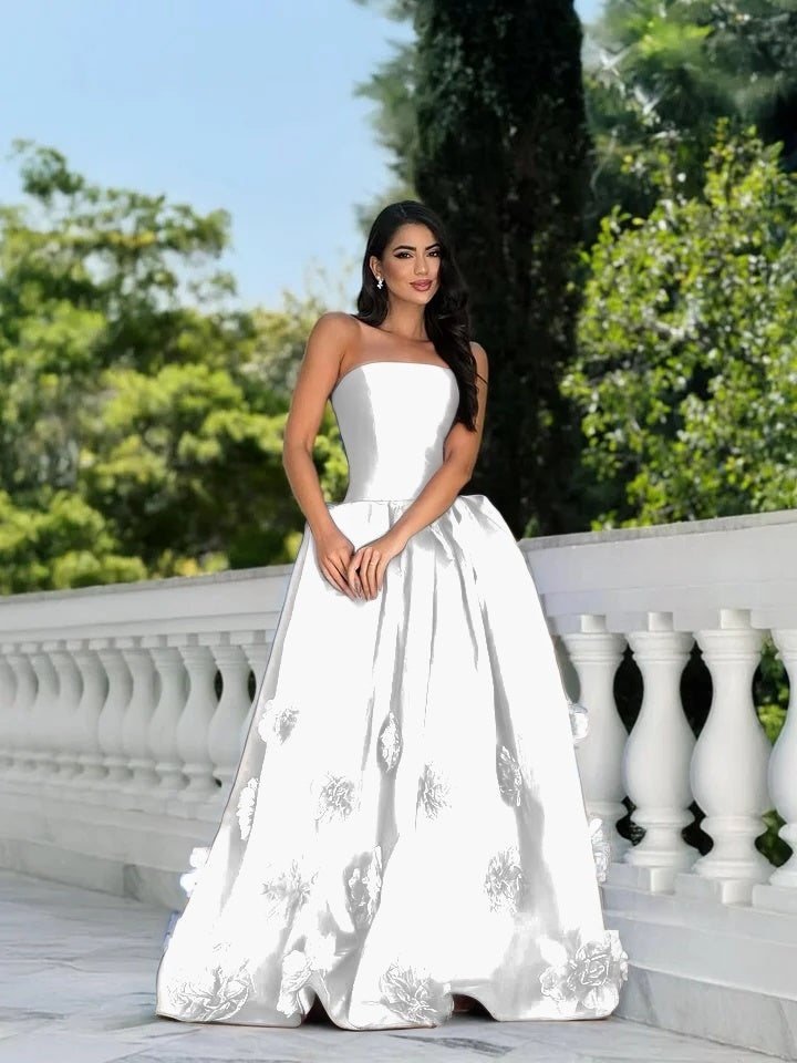 Satin Strapless Sleeveless Long A-Line Prom Dress With Flower Appliques And Pleated YK0617