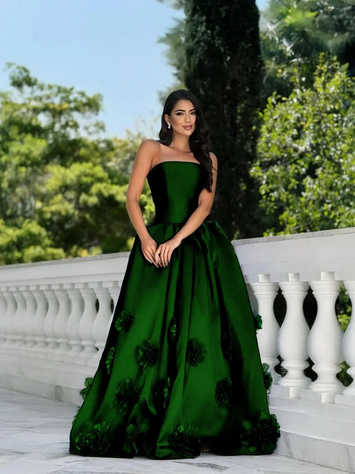Satin Strapless Sleeveless Long A-Line Prom Dress With Flower Appliques And Pleated YK0617