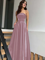 Satin Strapless Sleeveless High-Waisted Long A-Line Prom Dress With Pleated YK0638