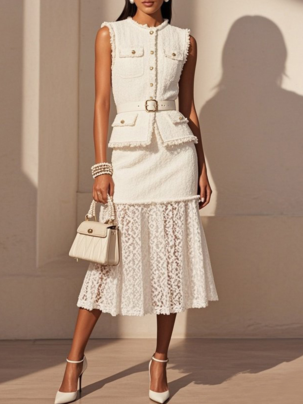 Women White Buckle Lace Crew Neck Tweed Sleeveless Dressy Top With Skirt Two-Piece Set