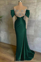 Cocoslly Off-The-Shoulder Long Lace Sleeves Long Split Mermaid Prom Dress With Beaded Applique Embroidery | Pink Satin ED0148