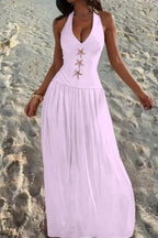 Cocoslly Halter V-Neck Sleeveless High Waist Long Prom Dress With Rhinstone | Ivory Chiffon XJ0755