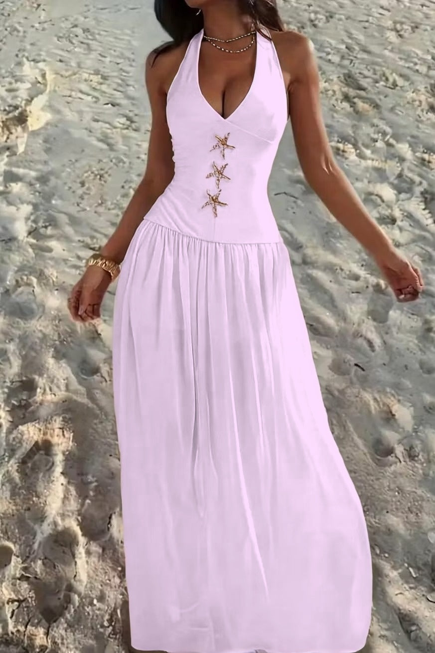 Cocoslly Halter V-Neck Sleeveless High Waist Long Prom Dress With Rhinstone | Ivory Chiffon XJ0755