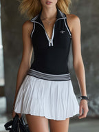 Retro Fashion Sports Lapel Front Zip With Pleated Hem Tennis Mini Dress