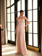 Cocoslly Spaghetti Straps Sleeveless High Waist Long Prom Dress With Rhinstone And Beading Pearls | Nude Sequins LX0091