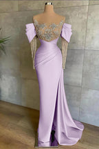 Cocoslly Off-The-Shoulder Long Lace Sleeves Long Split Mermaid Prom Dress With Beaded Applique Embroidery | Pink Satin ED0148