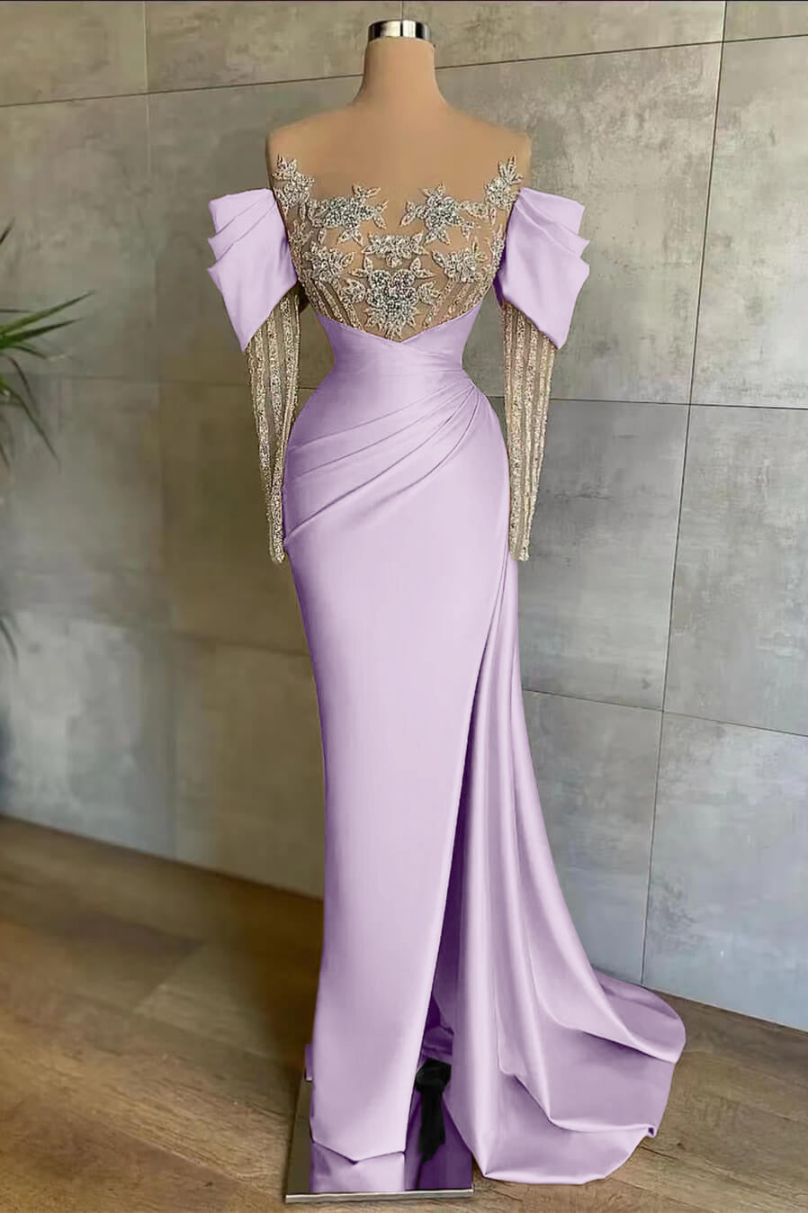 Cocoslly Off-The-Shoulder Long Lace Sleeves Long Split Mermaid Prom Dress With Beaded Applique Embroidery | Pink Satin ED0148