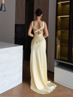 Cocoslly Spaghetti Straps V-Neck Sleeveless High Waist Long Prom Dress | Daffodil Satin CO0127