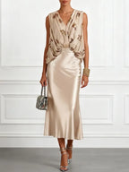 Women Champagne Glitter V Neck Sleeveless Dressy Top With Skirt Two-Piece Set