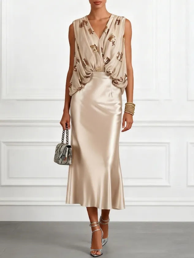 Women Champagne Glitter V Neck Sleeveless Dressy Top With Skirt Two-Piece Set