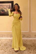 Satin And Lace Sweetheart Strapless Long Sleeves Long Pleated Mermaid Prom Dress With Bow JQ0316