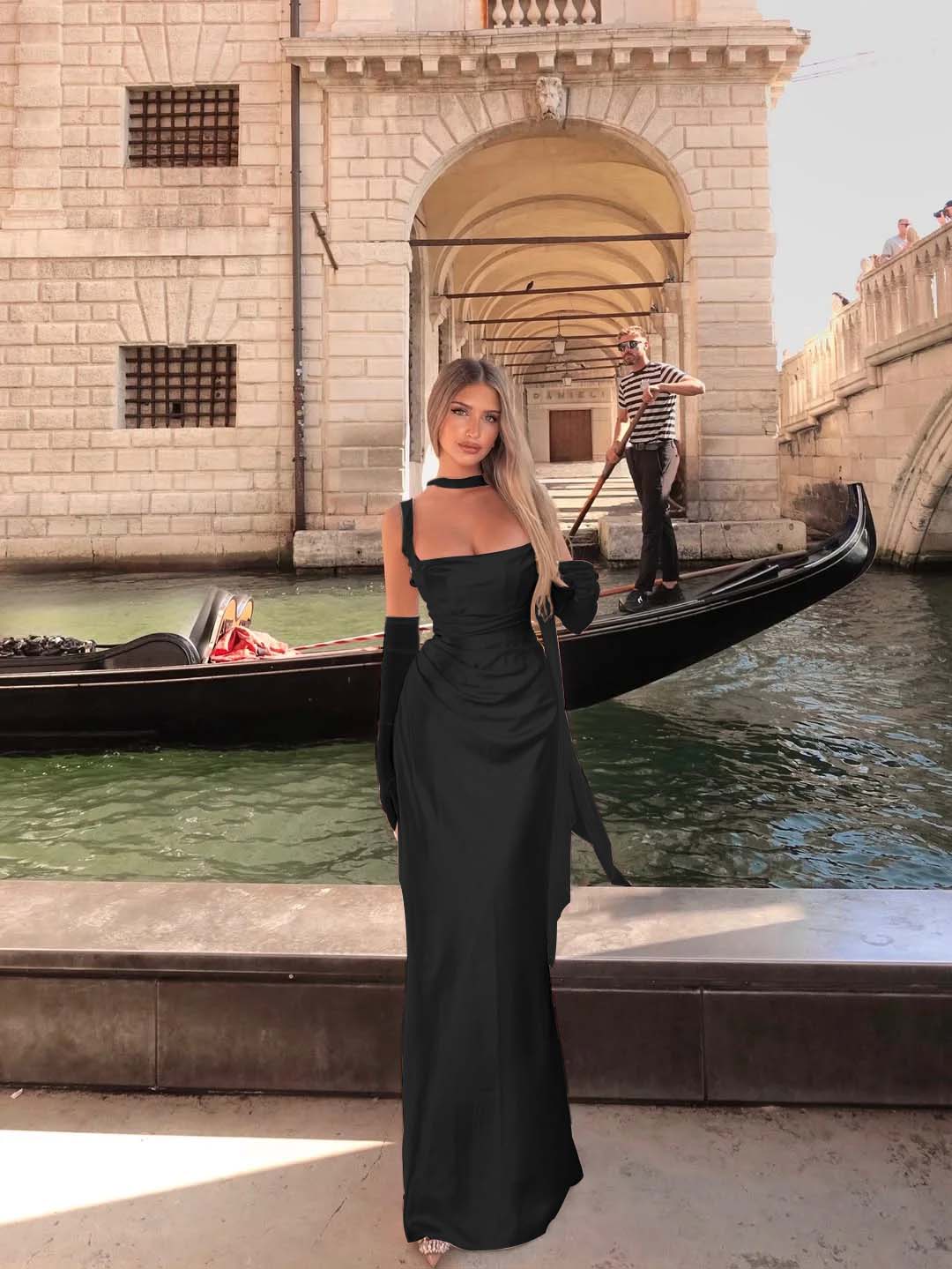 Spaghetti Strap Sleeveless Long Mermaid Prom Dress With Gloves YK0575