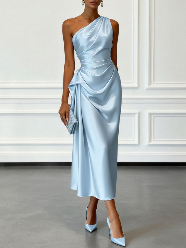 Champagne Ruched Satin One Shoulder Sleeveless Sheath Midi Dress