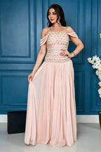 Cocoslly Off-The-Shoulder Sleeveless High Waist Long Prom Dress With Rhinstone | Champage Chiffon LR0566