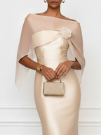 Champagne 3D Floral Satin Boat Neck Short Sleeve Sheath Gown Dress with Capelet