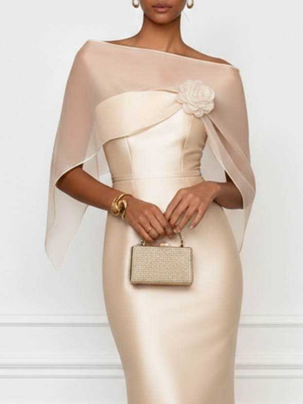 Champagne 3D Floral Satin Boat Neck Short Sleeve Sheath Gown Dress with Capelet