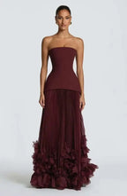 Cocoslly Strapless Sleeveless High Waist Long Prom Dress With Appliques And Pleated | Cabemet Chiffon YQ0118