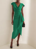 Green Cowl Neck Ruched Cap Sleeve Sheath Midi Dress