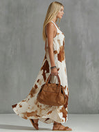 Vintage Brown Cow Print White Chiffon Sleeveless Maxi Dress
