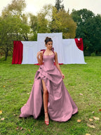 Satin Halter Neck Strapless Sleeveless Long A-Line Prom Dress With Pleated And Split YK0728
