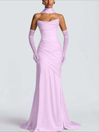 Strapless Sleeveless Long Pleated Mermaid Prom Dress With Ruffles And Gloves YK0718