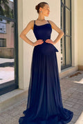 Spaghetti Strap Sleeveless Long Prom Dress With Pleated Sequins WQ0188