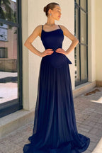 Spaghetti Strap Sleeveless Long Prom Dress With Pleated Sequins WQ0188