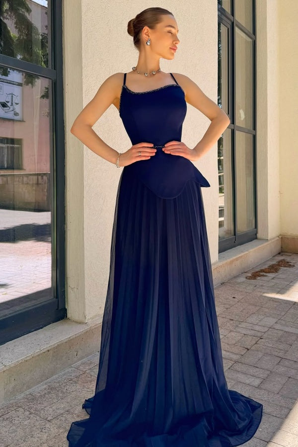 Spaghetti Strap Sleeveless Long Prom Dress With Pleated Sequins WQ0188