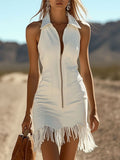 Fashion Vintage White Stretch Denim Sleeveless Tassel Mini Dress