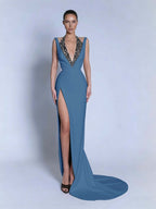 Halter V-Neck Wide Shoulder Straps Sleeveless Long Mermaid Prom Dress With Beadings And Split YK0734