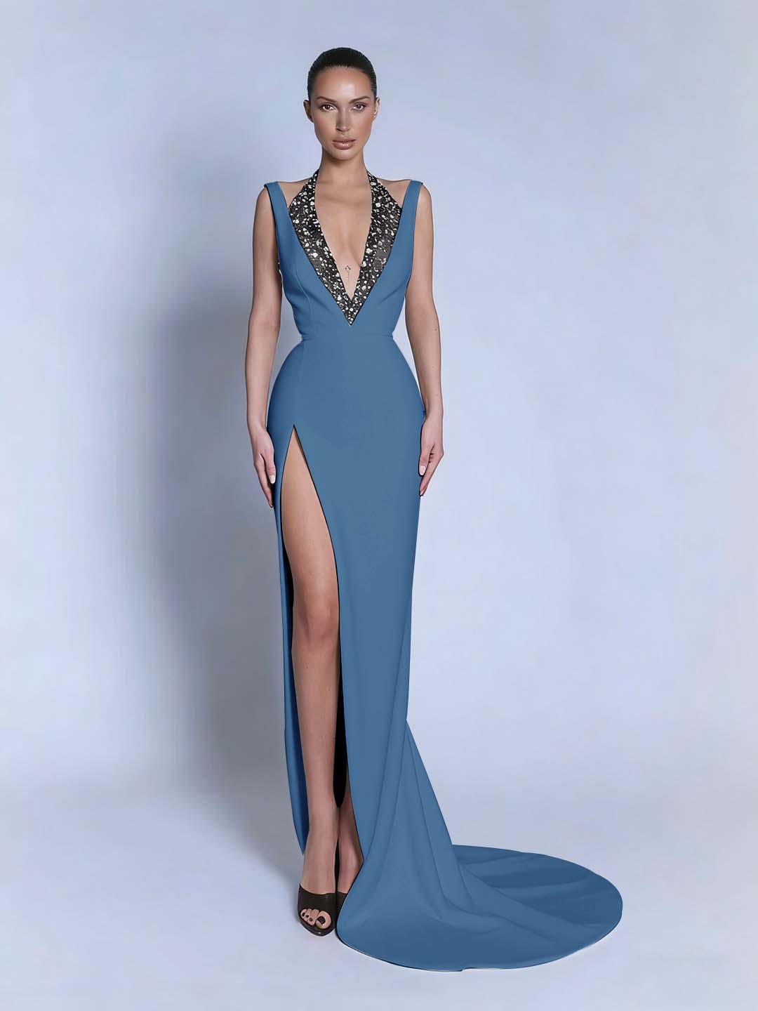 Halter V-Neck Wide Shoulder Straps Sleeveless Long Mermaid Prom Dress With Beadings And Split YK0734