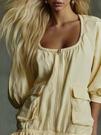 Elegant Casual Square-neck Front-zip Ruffled Hem Light Yellow Cotton Mini Dress