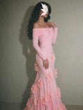 Cocoslly Off-The-Shoulder Long Sleeves High Waist Long Mermaid Prom Dress With Flowers | Pink Satin WT0125