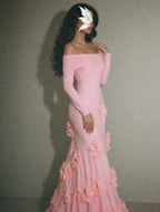 Cocoslly Off-The-Shoulder Long Sleeves High Waist Long Mermaid Prom Dress With Flowers | Pink Satin WT0125