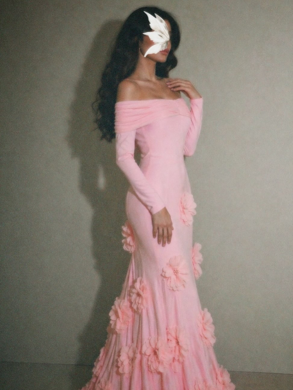 Cocoslly Off-The-Shoulder Long Sleeves High Waist Long Mermaid Prom Dress With Flowers | Pink Satin WT0125