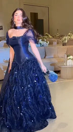 Cocoslly Off-The-Shoulder Short  Sleeves High Waist Long Mermaid Prom Dress With Scarf And Sequins | Royal Blue Satin CO0179