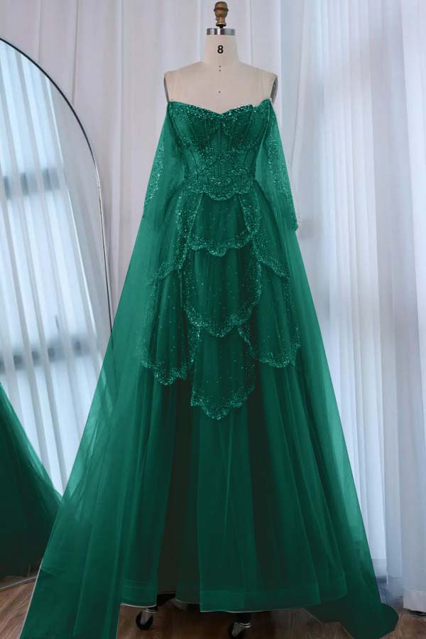 Tulle Strapless Sleeveless High Waist Long A-Line Prom Dress With Beadings And Ruffles WQ0557