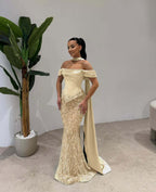 Cocoslly Off-The-Shoulder Long Pleated Mermaid Prom Dress With Beaded-Embroidered And Scarf | Dusty Sage Satin And Tulle ZA0306