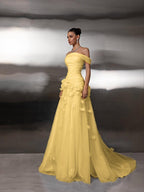 Cocoslly Off-The-Shoulder Strapless Sleeveless Long Pleated A-Line Prom Dress With Flower Appliqués | Light Blue Tulle ZA0285